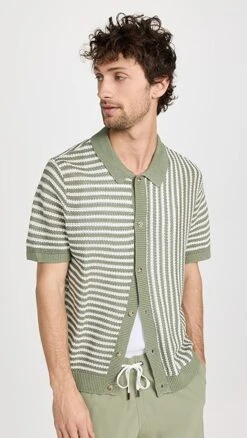 Onia Linen Short Sleeve Button Up Sweater